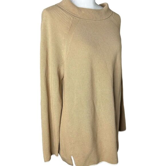 Talbots Womens Mock Neck Tan Camel Tunic Sweater White Hem Pima Cotton Sz 1x NWT - Picture 2 of 7